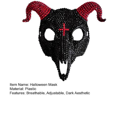 Black And White Mask Halloween Rhinestone Full Face Mask, Skull Ram Horn Comfortable Headgear Masquerade Sparkly Crystal Glitter Party for Adults