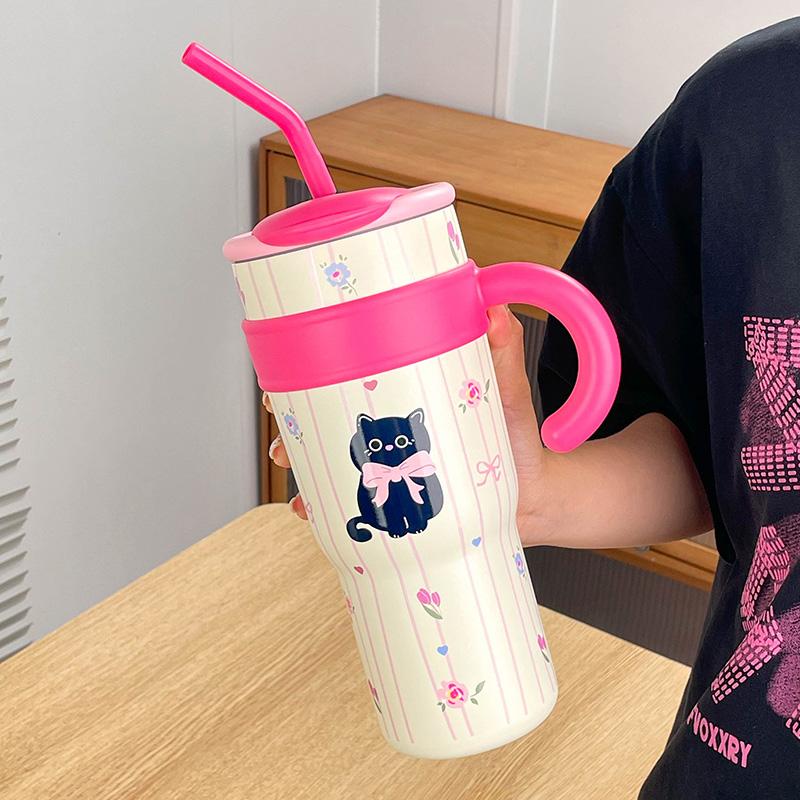 700ML/1.2L Tumbler with Handle Lid Straw Cute Cat Thermos Cup Stainless Steel Water Bottle Outdoor Travel Car Coffee Mug Gift