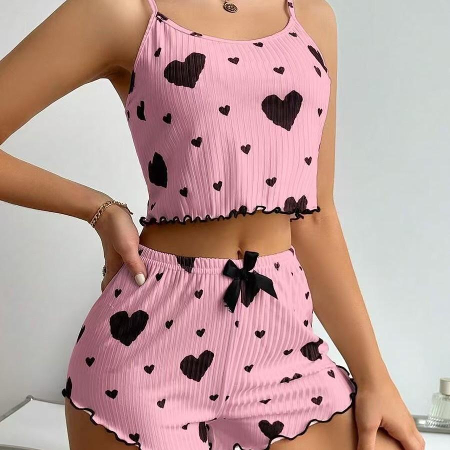 2 Pcs/Set Women Summer Pajamas Suit Adjustable Strap Sleeveless Heart Print Crop Top Shirring Bedroom Sleepwear Set
