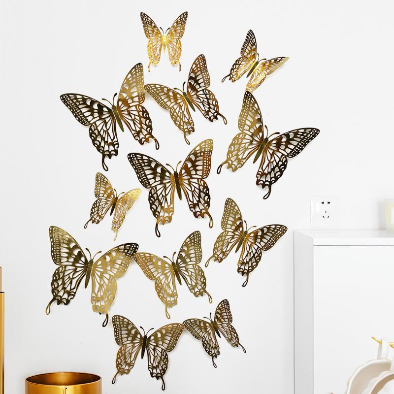 12 Pieces 3D Hollow Butterfly Wall Sticker Bedroom Living Room Home Decoration Paper Butterfly