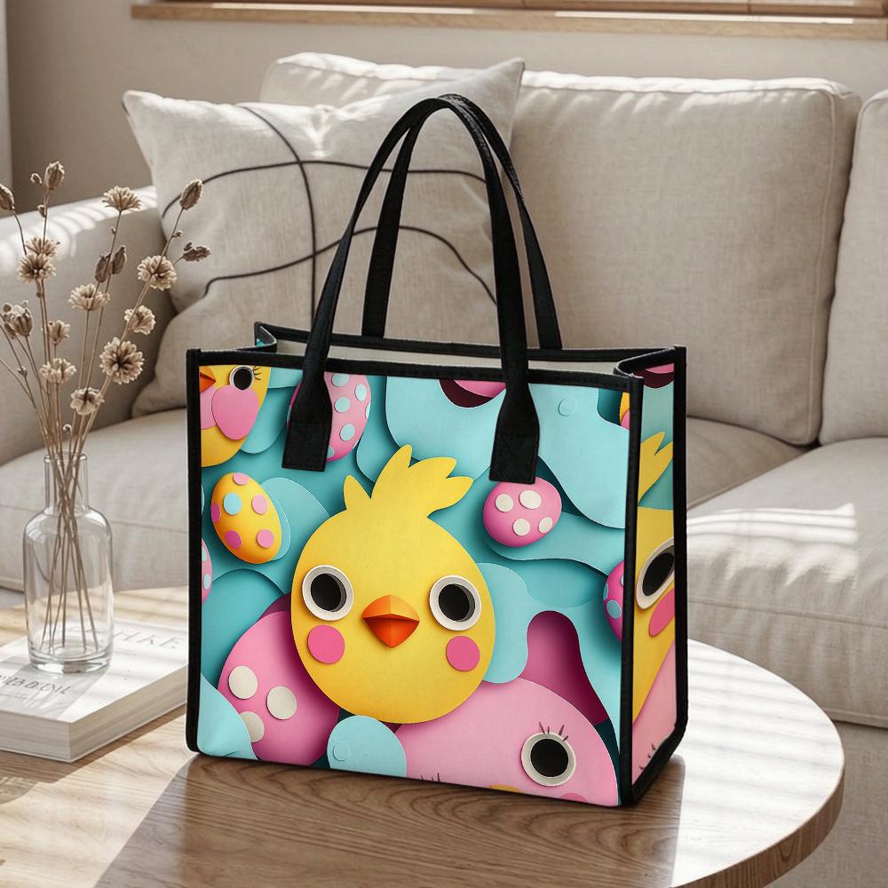 Cute Cartoon Chick Printed Tote Bag Casual Large Capacity Reusable Daily Handbag for Outdoor Shopping