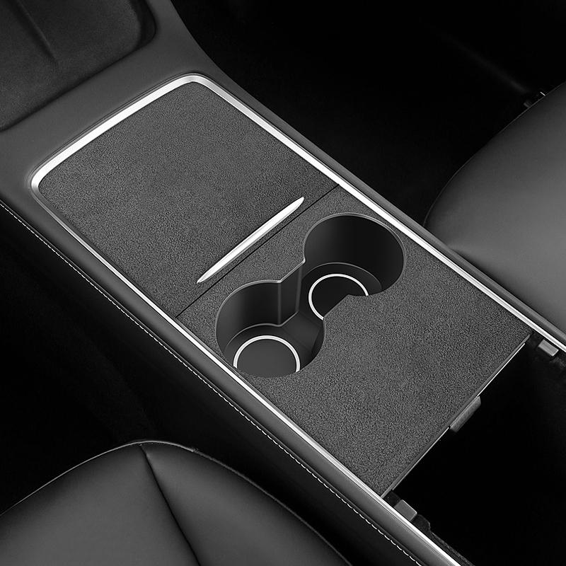 Замшевая кожаная центральная панель управления автомобиля, передний держатель для стакана с водой, отделка, коврик, декоративная наклейка для Tesla Model 3 Y 2021 2022 2023