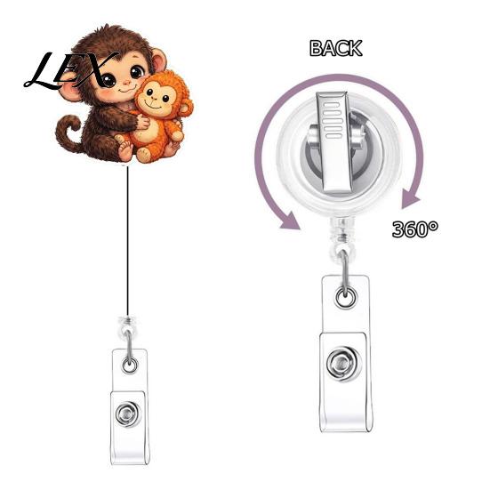 Acrylic Badge Clip for Nurses Retractable Holder, Cute Monkey Pattern Print 360 Degree Rotating Cartoon Access Card Reel Clip, Telescopic Easy-pull