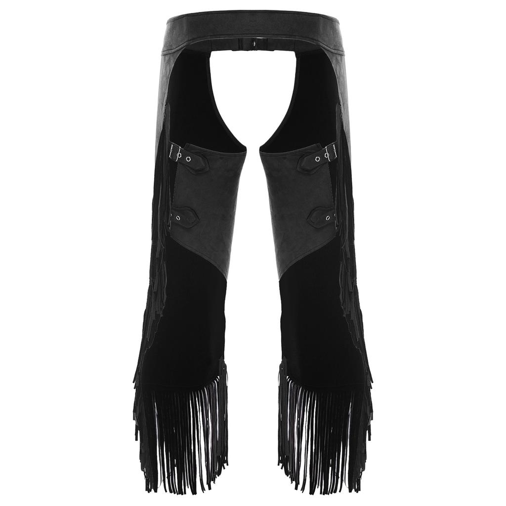 Womens Suede Cowgirl Chaps Fringe Split Open Crotch Adjustable Buckles Pants Vintage Costume