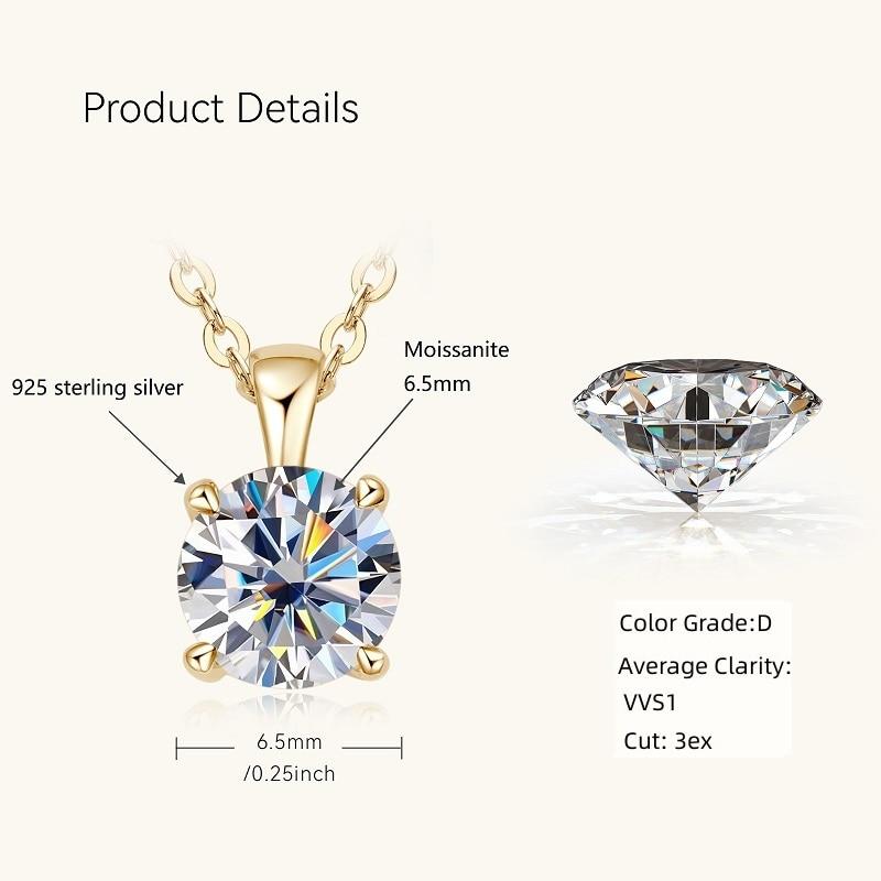 D Color 6.5mm 1.0 Carat Moissanite Solitaire Drop Necklaces 18k Gold Plated Pendant Original Real 925 Silver Chain Jewelry for Women