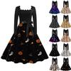 Женские повседневные модные платья с квадратным вырезом и длинным рукавом на Хэллоуин с принтом в винтажном стиле