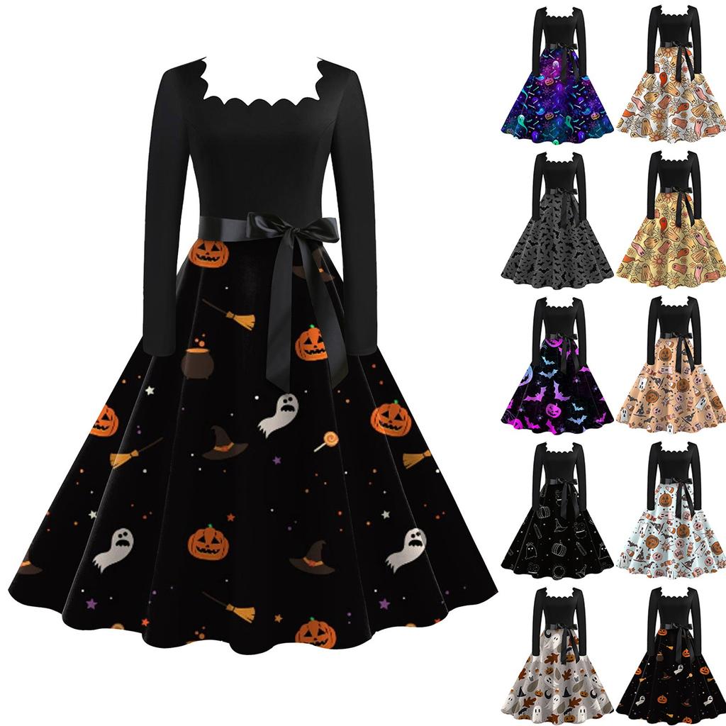 Женские повседневные модные платья с квадратным вырезом и длинным рукавом на Хэллоуин с принтом в винтажном стиле