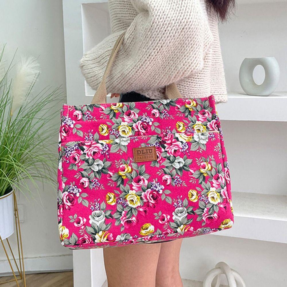 Large Capacity Casual Handbag Zipper Canvas Lunch Bag Portable Floral Print Tote Bag Picnic