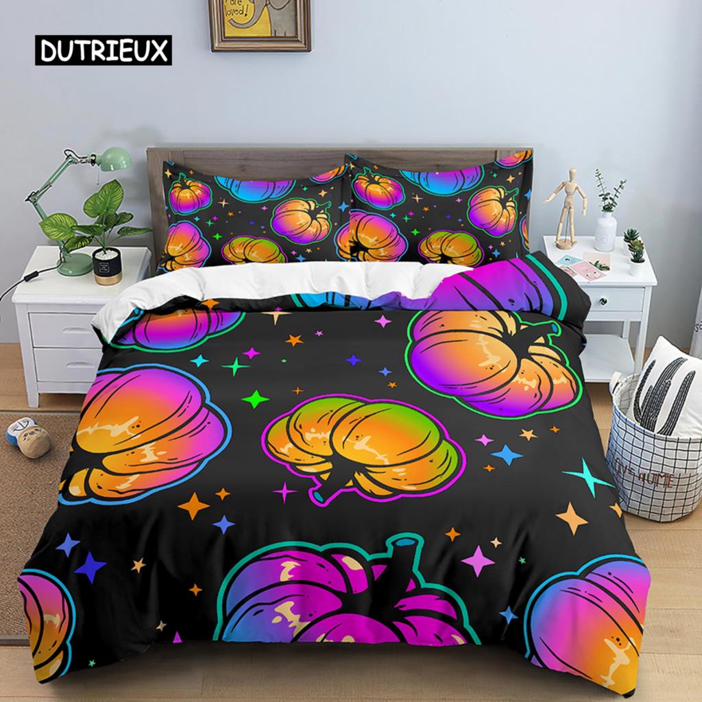 Неоновый цветной пододеяльник, комплект постельного белья King Rainbow Gradient Pumpkin, микрофибра, пододеяльник на Хэллоуин, двойной пододеяльник