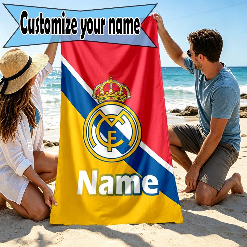 Custom Name Personalized Real Madrid Print Beach Towel, for Trip Camping Beach Party Home Decor, Birthday Gift for Family & Friends