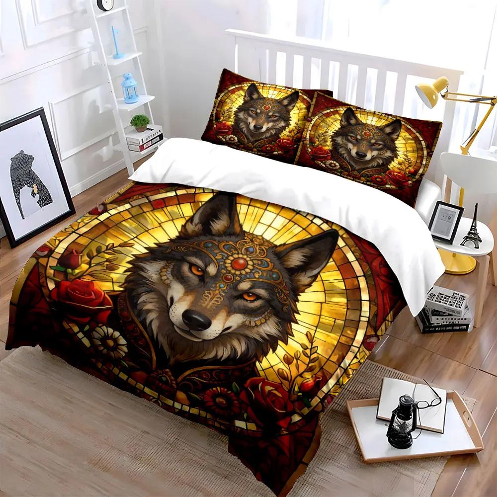 "Decorative Wolf Stained Glass Art" Soft Comfortable Duvet Cover Bedding Set Included 1*Duvet Cover & 2*Pillowcases, gift