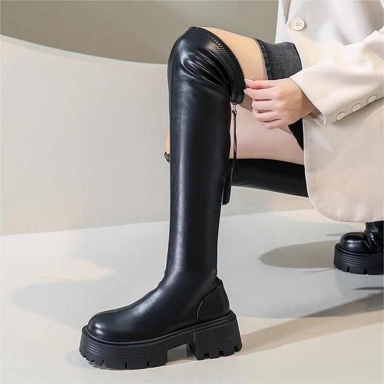 Модные ботинки, женские длинные кожаные сапоги выше колена на платформе и блочном каблуке