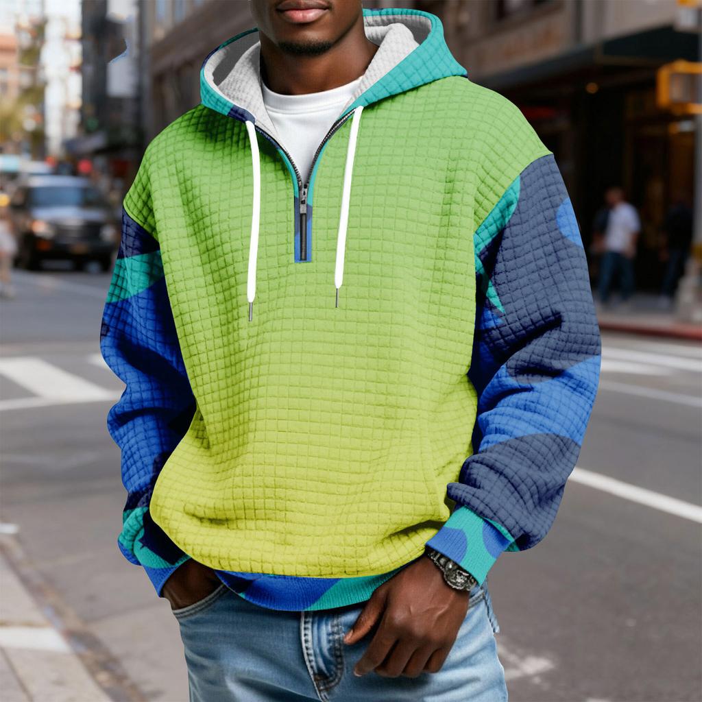 Мужской худи-пуловер в клетку с капюшоном на молнии до середины, со шнурком и принтом, повседневная спортивная толстовка