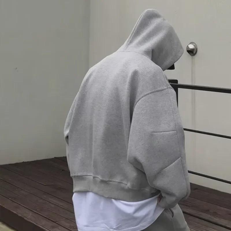 Men's Gray Hooded Zipper Cardigan Jacket: 2024 BF Style, Loose Fit, Drop Shoulder.