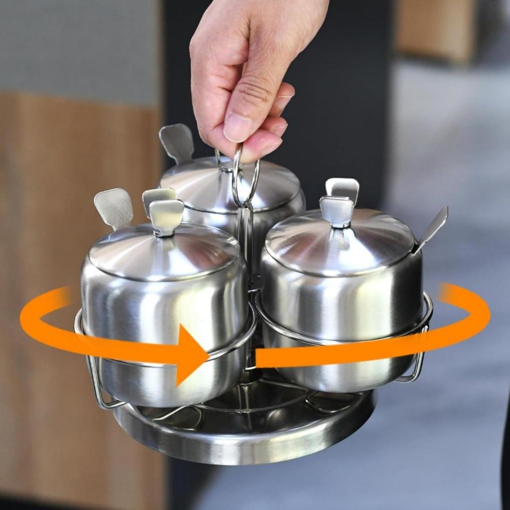 3 Pcs Stainless Steel Seasoning Condiment Jars, Revolving Sugar Bowl Coffee Pot Rotating Spice Jar Set with Rack Spice Container with Lid and Spoon