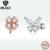 Bisaer Lucky Grass Butterfly Earrings 925 Sterling Silver Four-Leaf Clover Earring Gift For Women Fine Jewelry