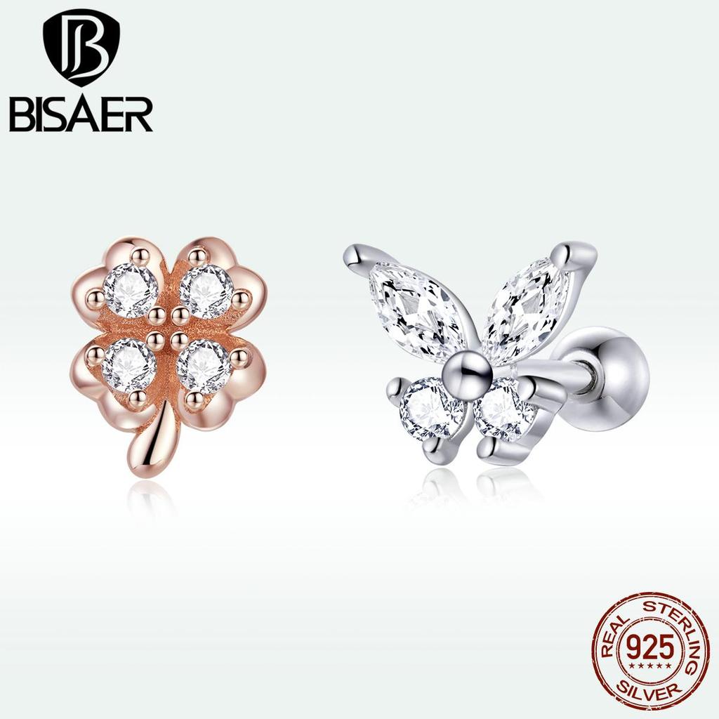 Bisaer Lucky Grass Butterfly Earrings 925 Sterling Silver Four-Leaf Clover Earring Gift For Women Fine Jewelry
