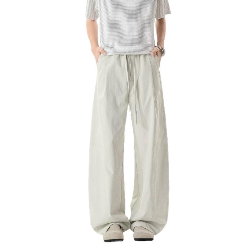 Mens Casual Pants Solid Color Splicing Straight Leg Trousers Retro Pleated High Street Drawstring Loose Fit
