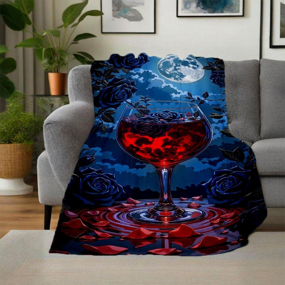 Midnight Elegance: Wine Glass with Blue Roses and Full MoonBlanket Flannel Throw Blanket for Sofa, Bed, Travel, Camping, Office, Couch, Chair