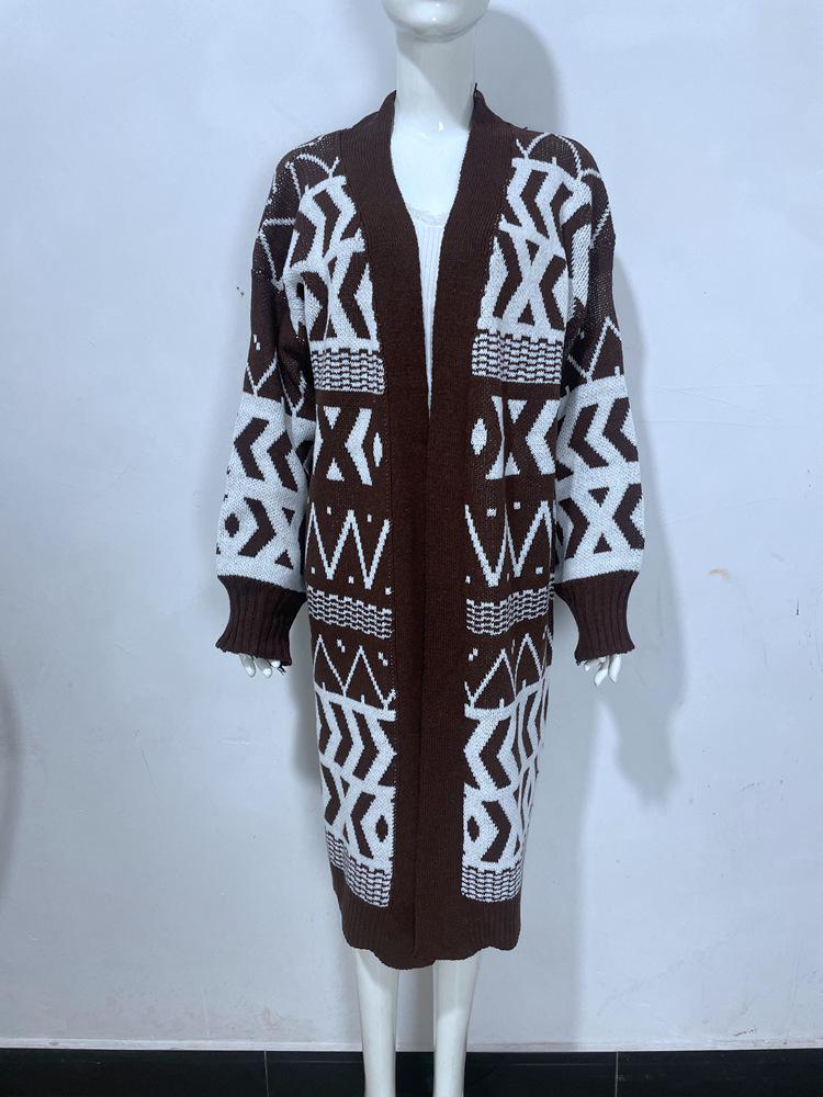 Женский жаккардовый трикотажный кардиган с V-образным вырезом, свободного кроя, с геометрическим узором - Осень/Зима
