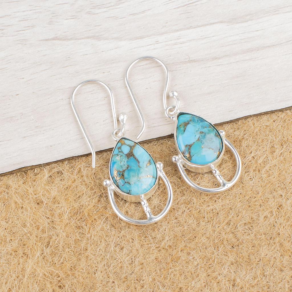 Blue Copper Turquoise Earrings, 925 Sterling Silver Jewelry, Gift For Women Handmade Earrings Gemstone Jewelry