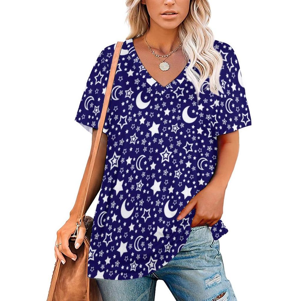 Vintage Moon T-Shirt Tarot Art Collage Retro T Shirts V Neck Short-Sleeve Printed Tshirt Women Classic Top Tees Big Size 3XL 4XL