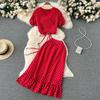Women Polka Dot Two Piece Set Summer Short Drawstring Tops + High Waist Long Skirt 2pcs Suit Outfits Red Purple Black
