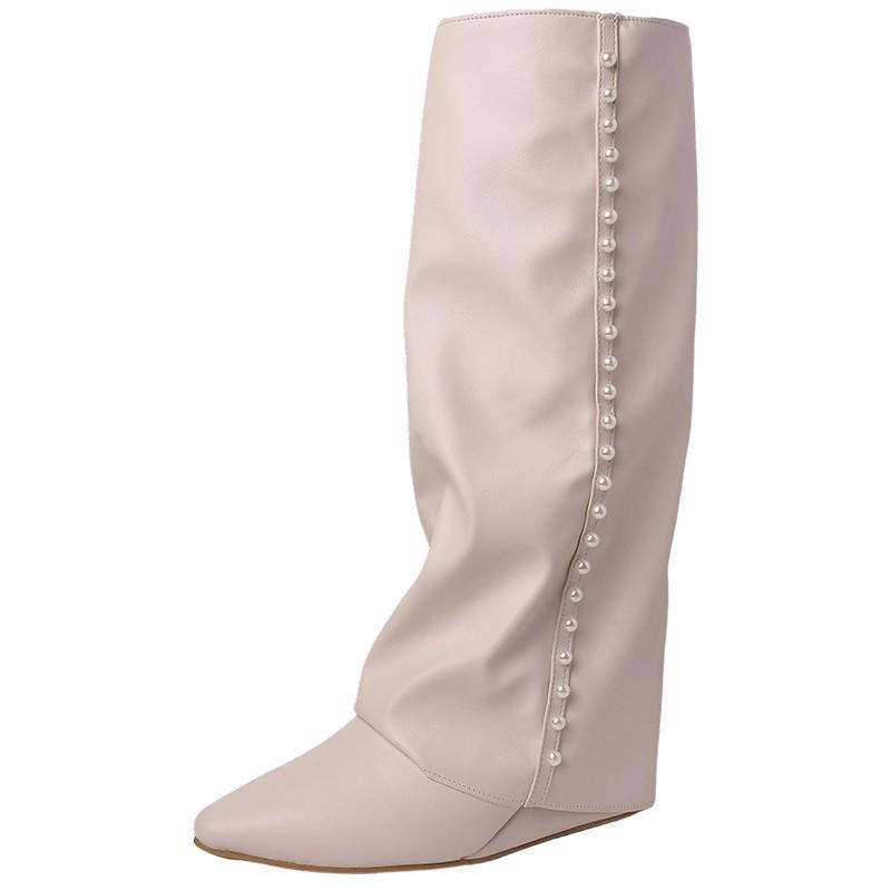 Брюки Сапоги Мода Кожаные Сапоги Мода Осенний Дизайн Жемчуг Острый Носок До Колена Сапоги