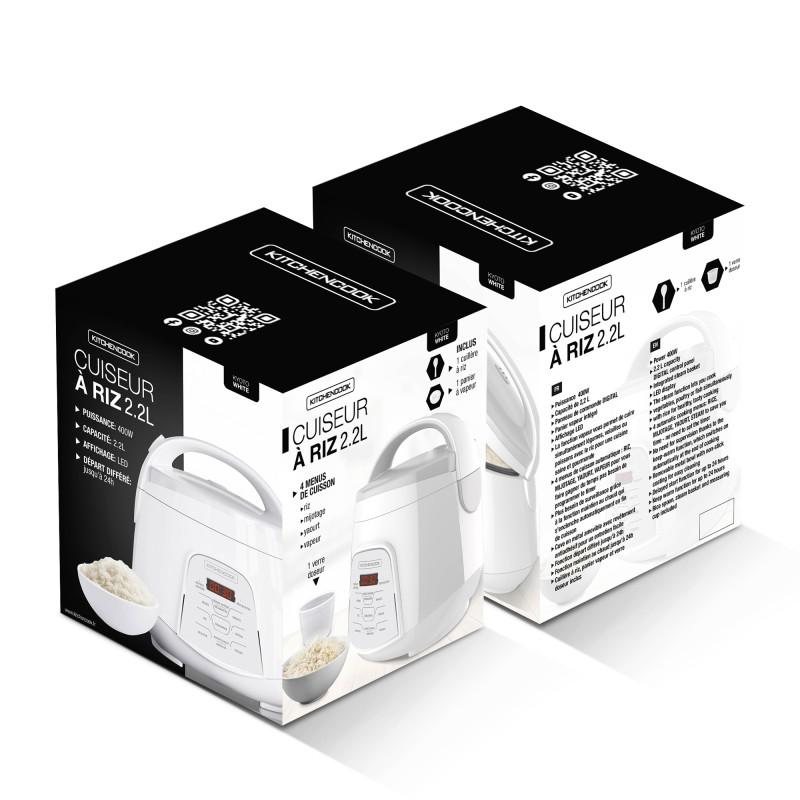 Kitchencook - Cuiseur à Riz 2.2l - Panier Vapeur Intégré - 400w - Blanc