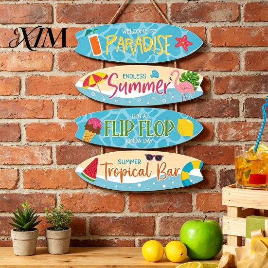 Rustic Porch Ornament Inspirational Wooden Hanging Sign, Summer Surf Kids Positive Quote Wall Plaque, Garden Art Farmhouse String Sign for Bedroom