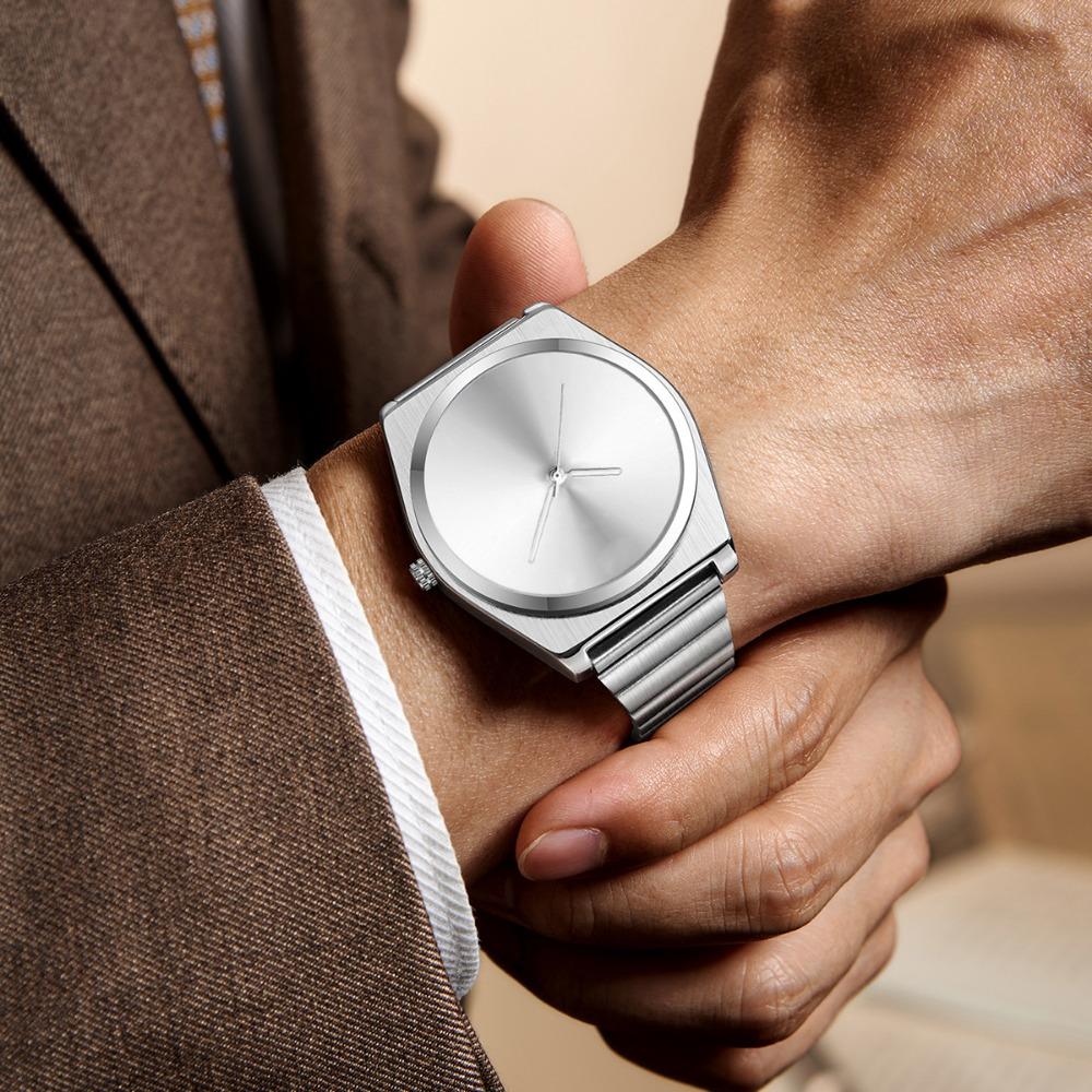 Unisex Minimal Quartz Watch Plain Dial Stainless Steel Bracelet Waterproof Business Casual Wristwatch