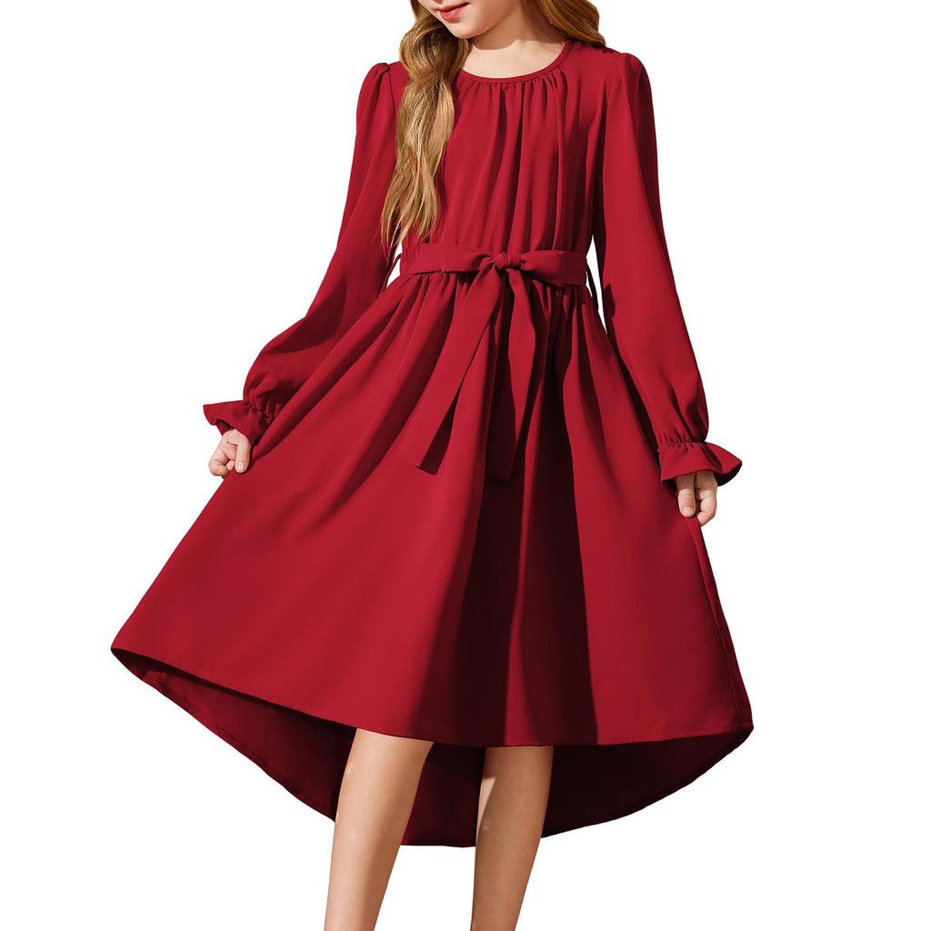Girls' Long Sleeve Dress Belted Semi-Formal Party Dress