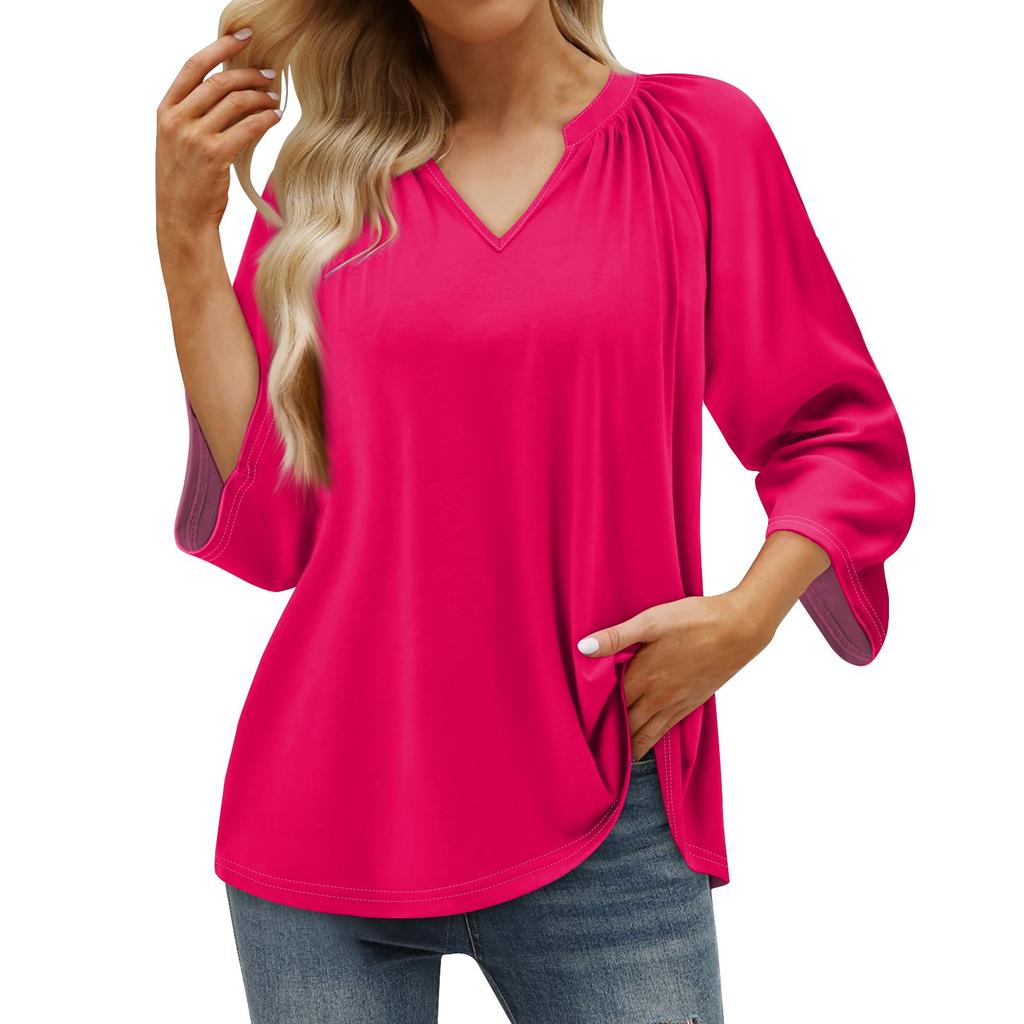 Women's Summer Casual 3/4 Sleeve T-Shirt Solid V Neck Pullover Top