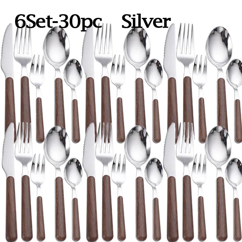 Набор столовых приборов с деревянной ручкой, столовая посуда из нержавеющей стали, вилка, нож, кофейная ложка, набор столовых приборов в западном стиле, можно мыть в посудомоечной машине