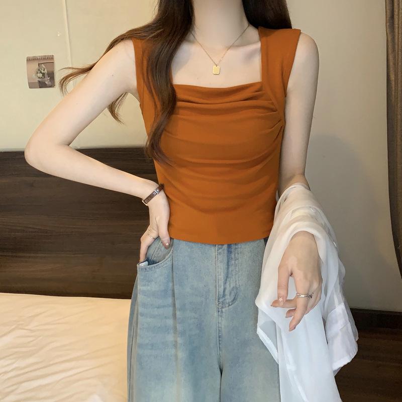 Модальный пикантный топ-майка с квадратным вырезом и сборками - Женский летний облегающий жилет