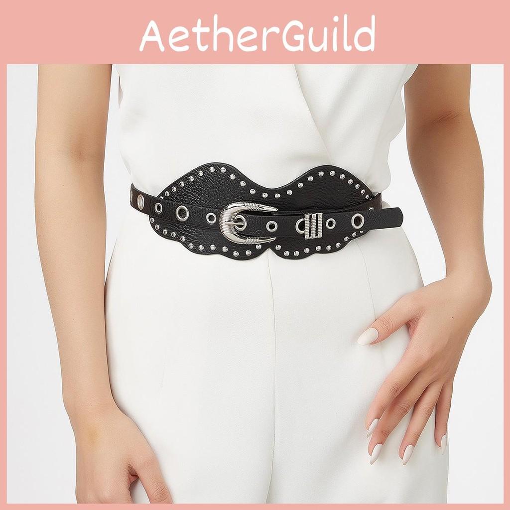 Faux Retro Trendy Leather Belt With Metal Pin Closure Bold Decorative Elements