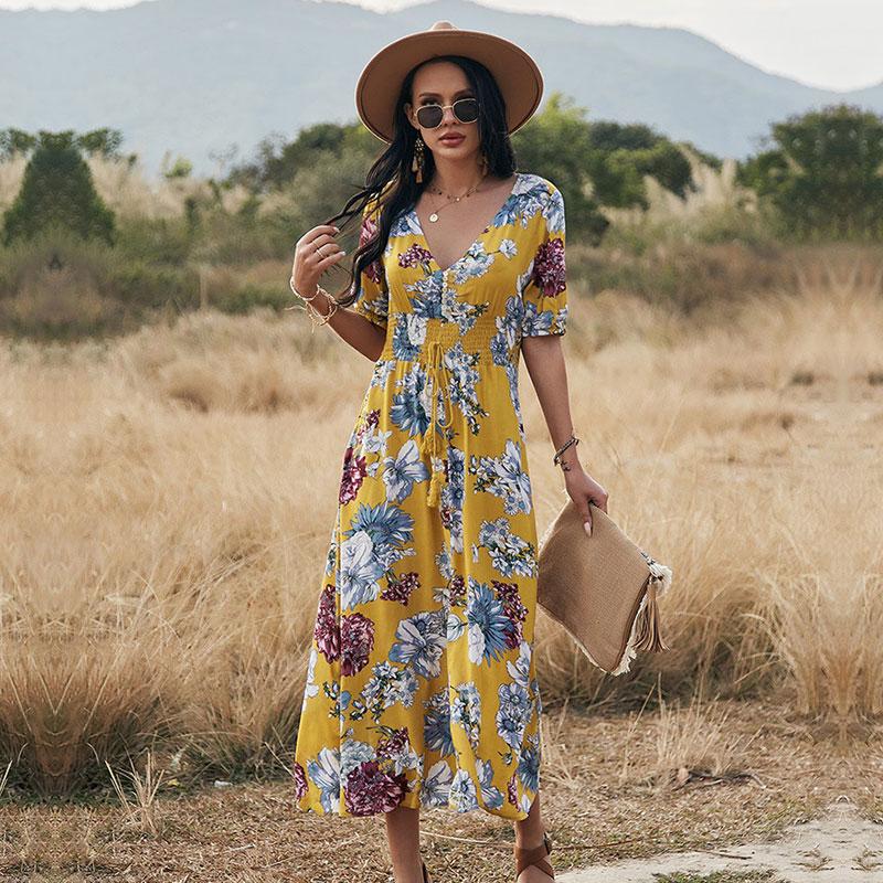 Весенне-летнее длинное платье с цветочным принтом, женское сексуальное бандажное платье с v-образным вырезом и коротким рукавом, черный, синий, желтый, SML XL