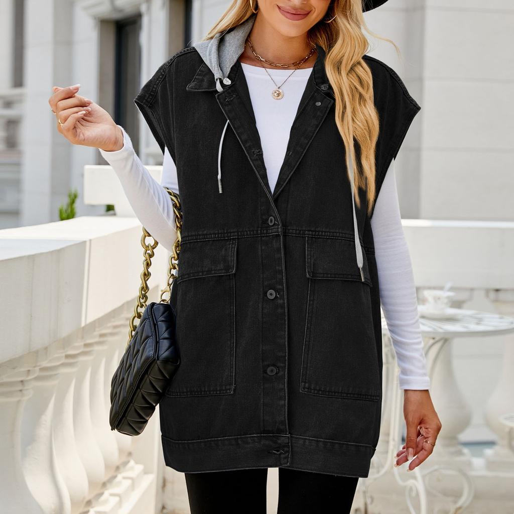 Женская повседневная свободная винтажная джинсовая жилетка с капюшоном