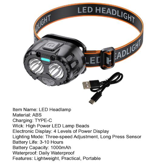 Светодиодный налобный фонарь с регулируемым датчиком движения на 90 градусов, перезаряжаемый водонепроницаемый уличный налобный фонарь для кемпинга, аварийное освещение