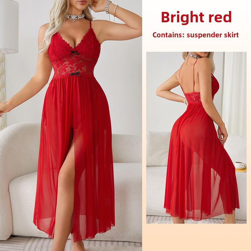 Эротическое нижнее белье большого размера, сексуальная сетчатая кружевная пижама, юбка с разрезом на подтяжках, длинная домашняя пижама