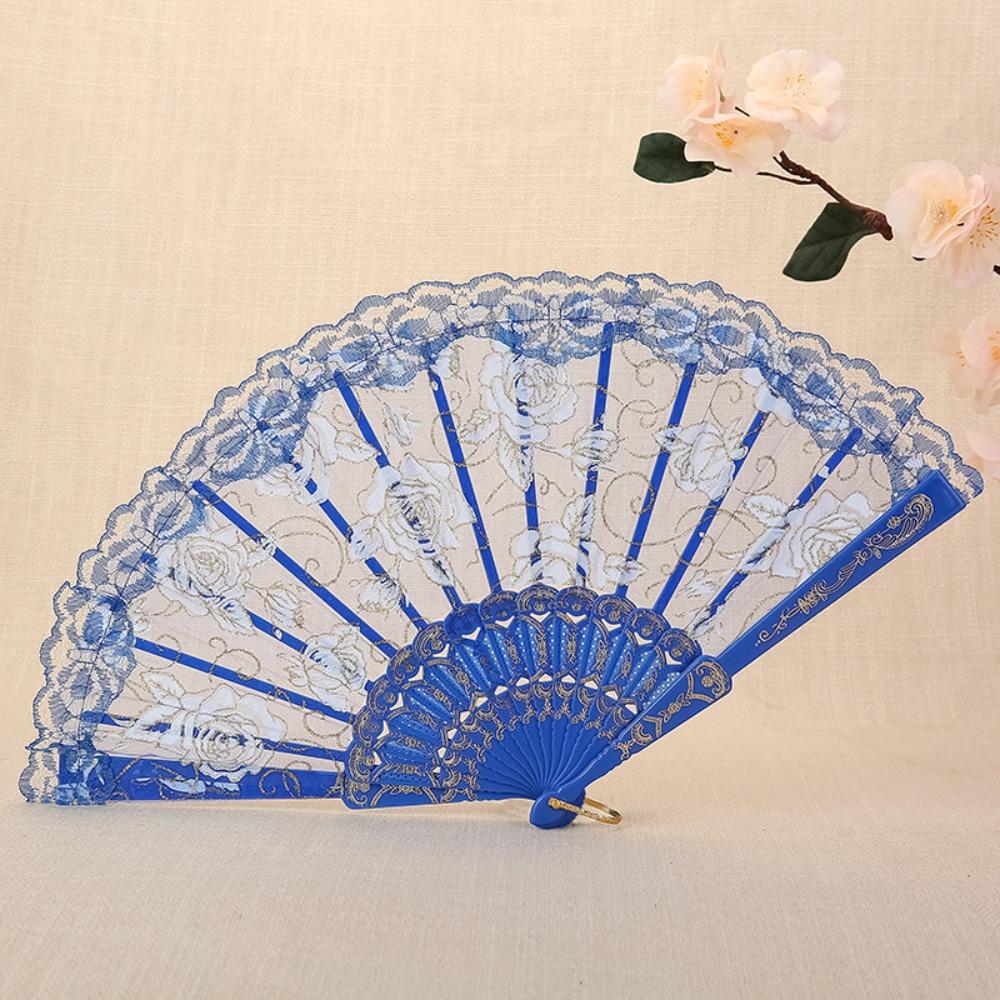 Home Decoration Handheld Ladies Lace Hand Fan Plastic Handle Rose Pattern Folding Fan Translucent Spanish Fan Dance Prop
