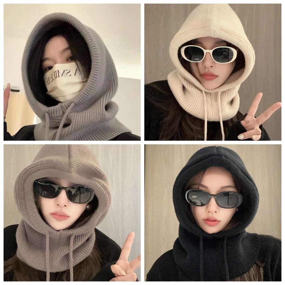 Drawstring Knitted Hooded Cap Solid Color Neck Collar Beanies Cap Cute Balaclava Hat Outdoor