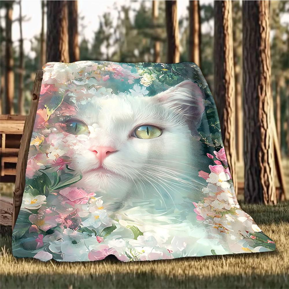 1pc Floral Cat Print Outdoor Flannel Blanket Soft All Season Polyester Throw , Perfect for Picnics & Travel , Picnic Accessory