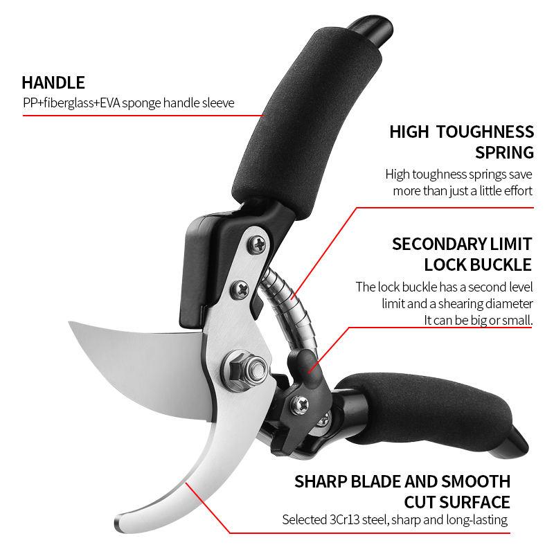 Garden Hand Tools 3Cr13 Stainless Steel DIY Industrial Grade Bypass Pruning Shears with Anti-Slip Grip