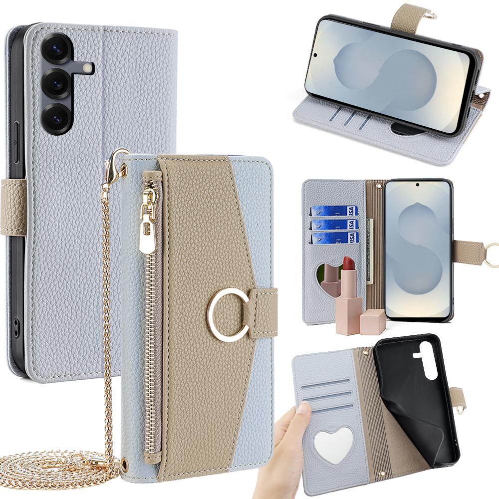 For Samsung Galaxy S25 Case Mirror Wallet Leather Phone Cover with Chain Shoulder Strap