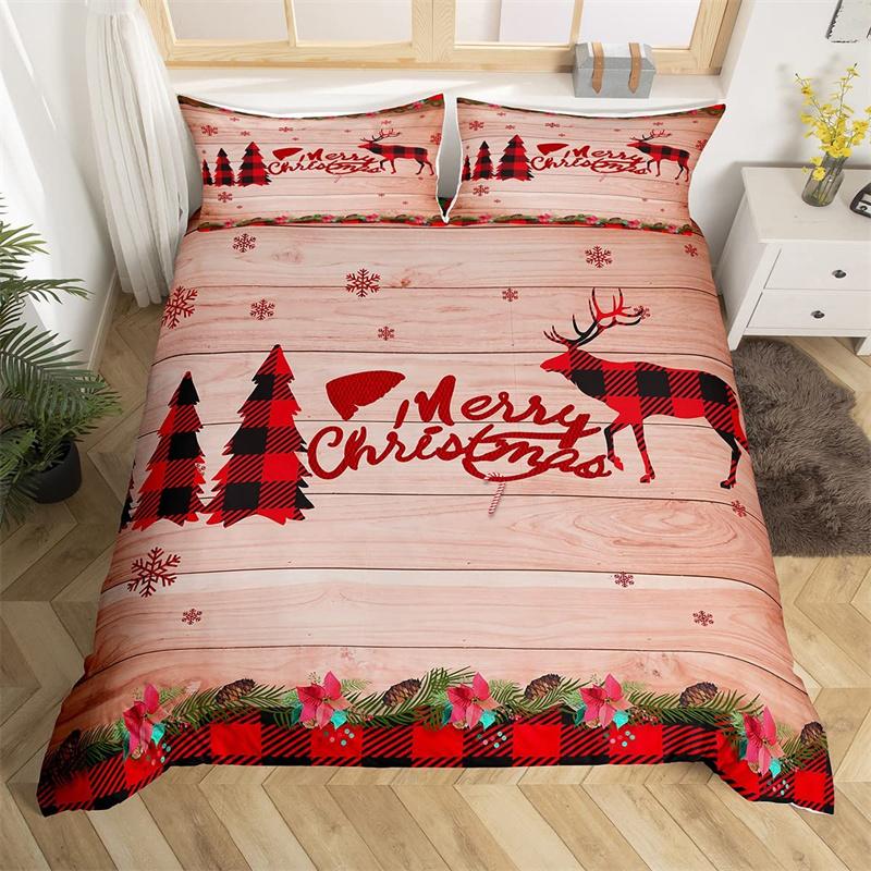 Merry Christmas Duvet Cover Deer Elk Red Bedding Set For Boys Girl Happy New Year Comforter Cover Winter Holiday Bedspread Cover