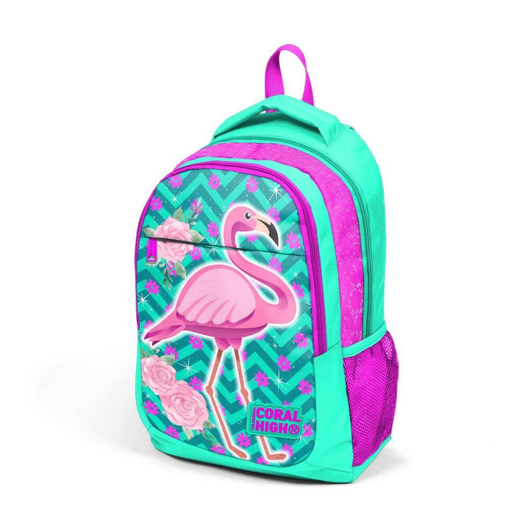 Детский школьный рюкзак с тремя отделениями Coral High Kids Water Green Pink Glittery Flamingo 14382
