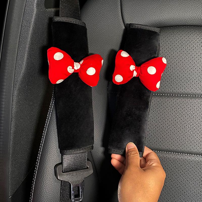Cute Cartoon Car Pillow Red Dot Bow Universal Auto Seat Headrest Neck Waist Support Seatbelt Cover Car Accessories for Women
