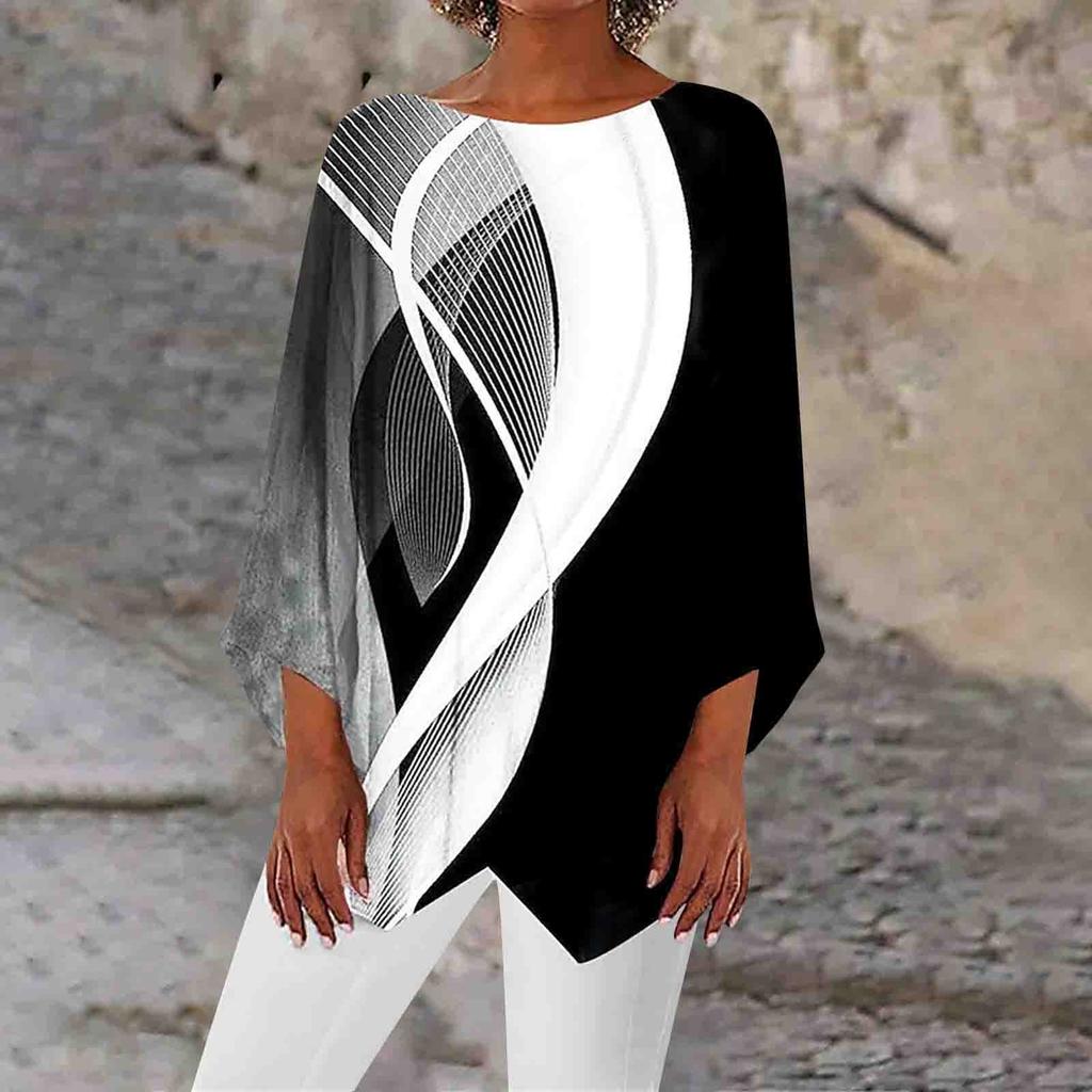 Женские топы с геометрическим принтом и длинными рукавами, дышащая рубашка с круглым вырезом и панелями