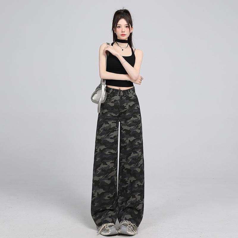 American retro camouflage jeans women's spring and summer new high waist loose wide legs thin pants European and American style